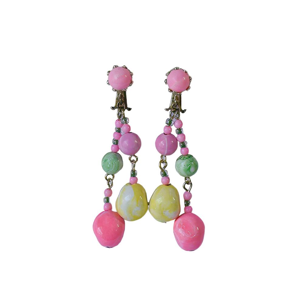 1960s JAPAN Pink Yellow Green Plastic Beads Gold Plate Drop Dangle Clip Earrings